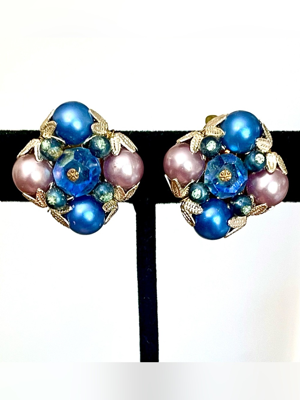 Vintage 1960s JAPAN Pearl Cluster Clip On Earrings Blue Lavender Teal Retro Mod